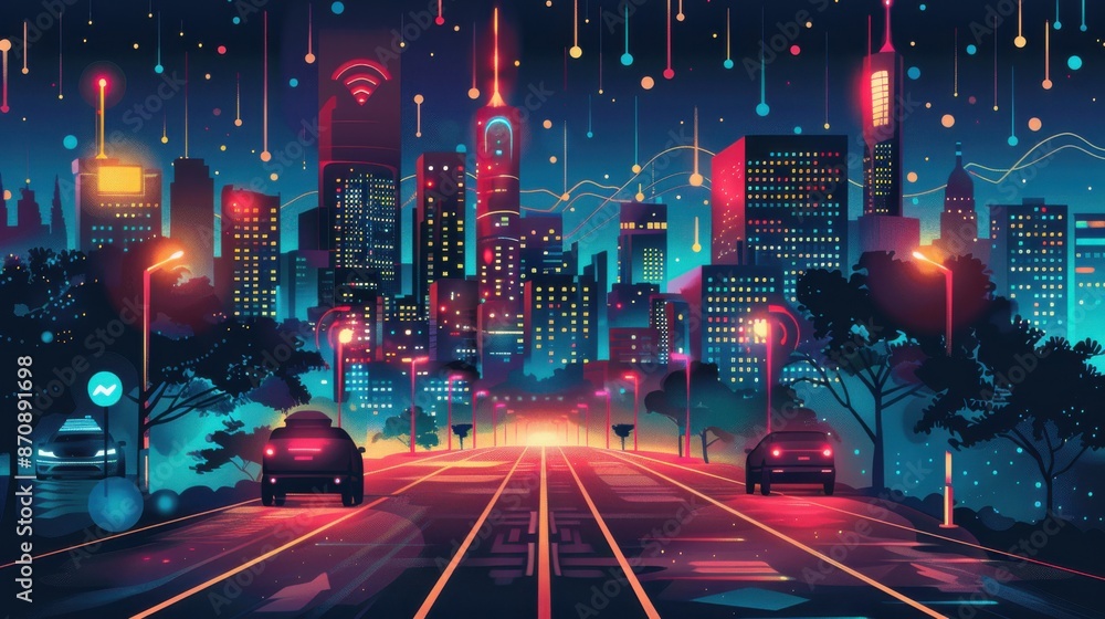 Futuristic cityscape at night with neon lights and autonomous cars. Futuristic cityscape at night with neon lights and autonomous cars.