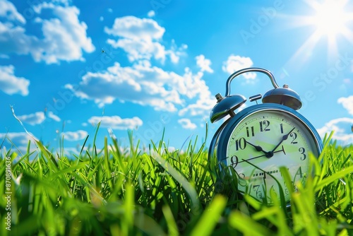 Clock in grass against bright sky for daylight saving concept. photo