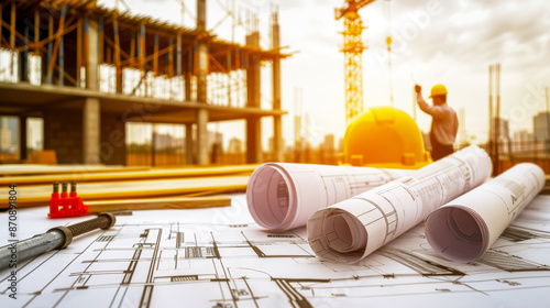 Busy construction site with workers, cranes, and blueprints, showcasing the house-building process and safety protocols in an industrial setting