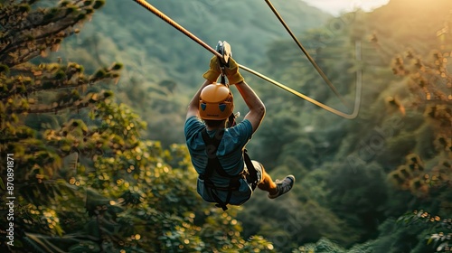 close up young man engaged in a thrilling zipline adventure. Travel adventure with outdoor. Vacation lifestyle