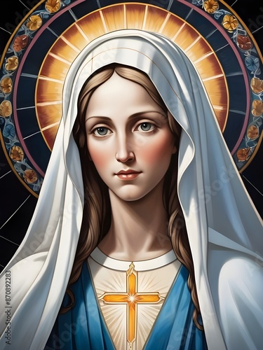 A stylized portrait drawing of colored tiles of Mary the mother of Jesus with long hair, wearing a white veil and surrounded by a geometric halo of rays of light against dark background Generative AI