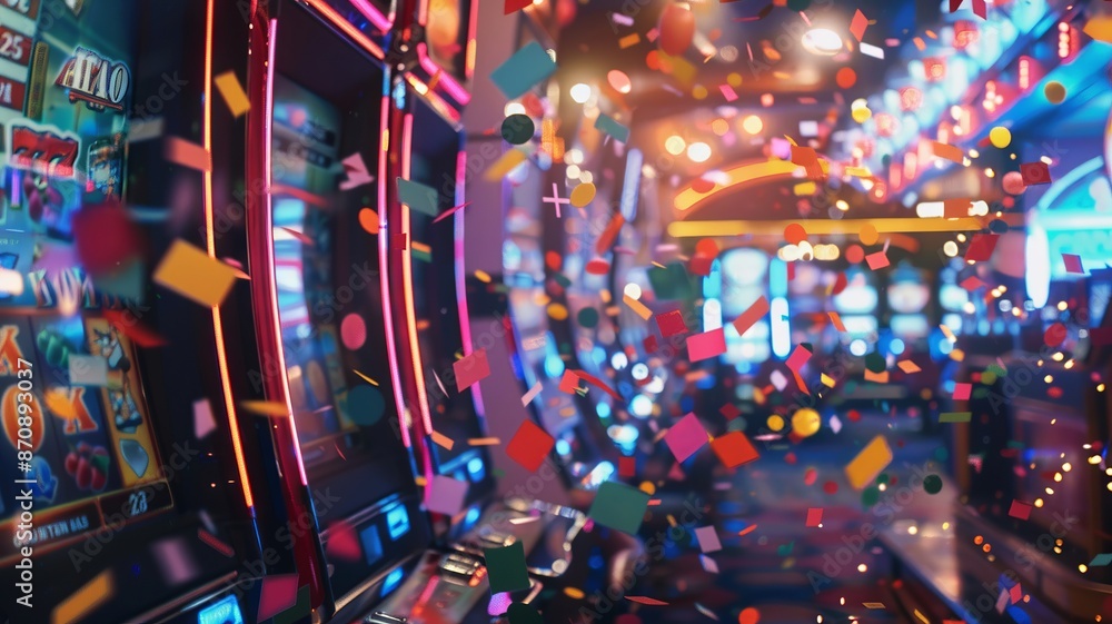 Vibrant Casino Scene with Slot Machines and Festive Confetti in Neon Lights Vibrant Casino Scene with Slot Machines and Festive Confetti in Neon Lights