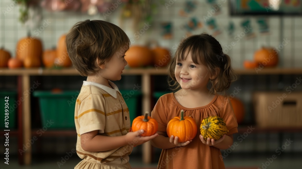 Fototapeta premium Two young children hold pumpkins and smile at each other
