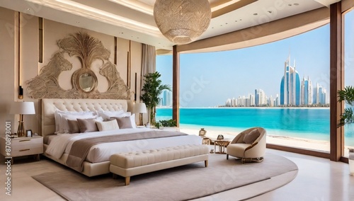 Dubai, United Arab Emirates 02/05/2020 : Contemporary bedroom of a luxury Villa / house on the beach front of palm Jumeirah, Dubai
