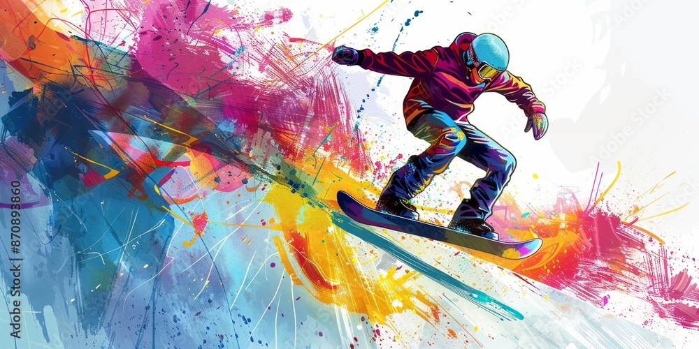 Naklejka premium Dynamic Snowboarder in Vibrant Abstract Splash Art