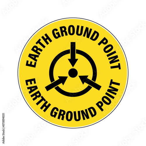 Earth ground point. Safety floor sign, round shape with symbol and curved text. 
