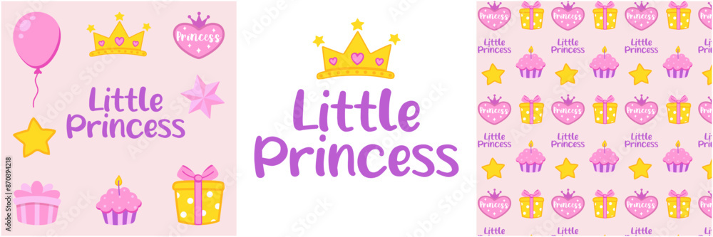 Little Princess design set. Cute cartoon сrown, stars. Pink gift, hearts, cupcake and lettering seamless pattern. Holiday card design. Vector illustration. Little Princess design set. Cute cartoon сrown, stars. Pink gift, hearts, cupcake and lettering seamless pattern. Holiday card design. Vector illustration.
