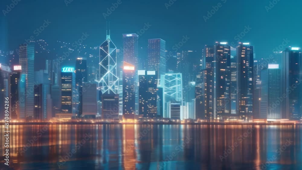 City skyline at night with illuminated skyscrapers reflecting on the water. Vibrant urban environment with colorful lights. Concept of modern city life and night-time energy
City skyline at night with illuminated skyscrapers reflecting on the water. Vibrant urban environment with colorful lights. Concept of modern city life and night-time energy