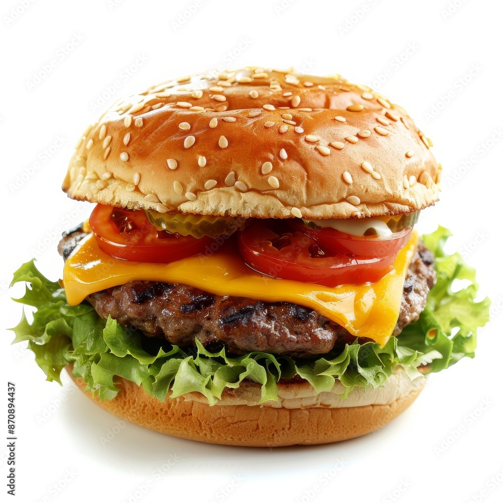 A classic hamburger with cheese, lettuce, tomatoes, and onions on white background A classic hamburger with cheese, lettuce, tomatoes, and onions on white background