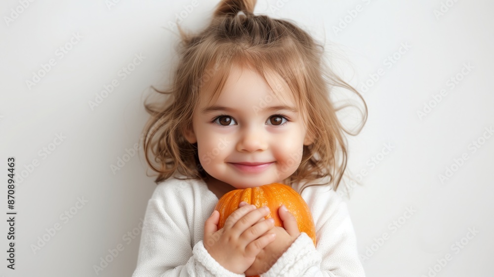 A little girl smiles while holding a small pumpkin A little girl smiles while holding a small pumpkin