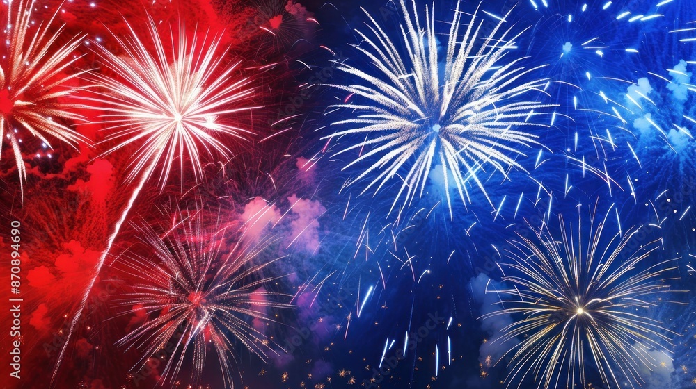 Fototapeta premium Vibrant Red and Blue Fireworks Illuminating Night Sky