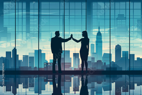 Illustration of a businesswoman and a businessman giving each other high five in an office with a gib window and a view over the cityscape