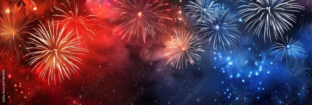 Fototapeta premium Explosive fireworks with smoke in a vibrant night sky