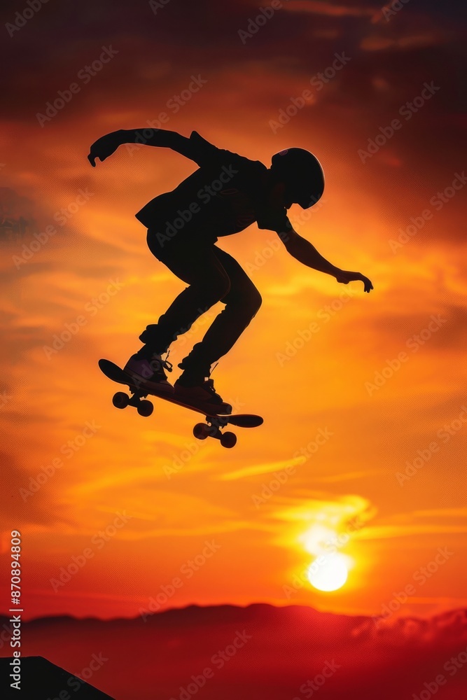 Skater make trick kick flip against the beautiful orange sunset Skater make trick kick flip against the beautiful orange sunset