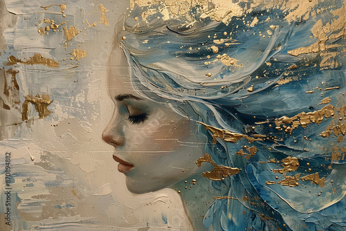 fairy, gold and blue oil painting with thick brush strokes photo