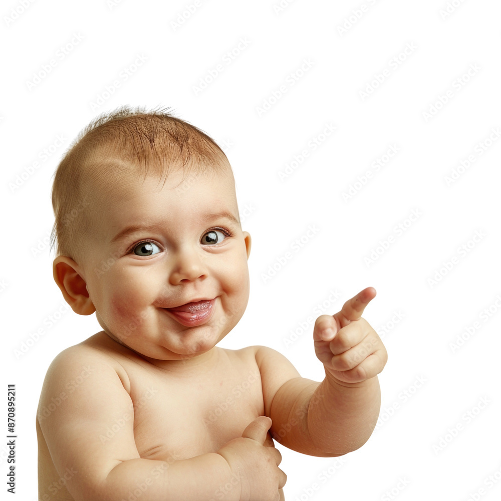 Lovey baby pointing to choose and press white background Lovey baby pointing to choose and press white background