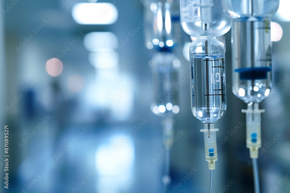 Close-up photo of a medical intravenous IV drip at a hospital Close-up photo of a medical intravenous IV drip at a hospital