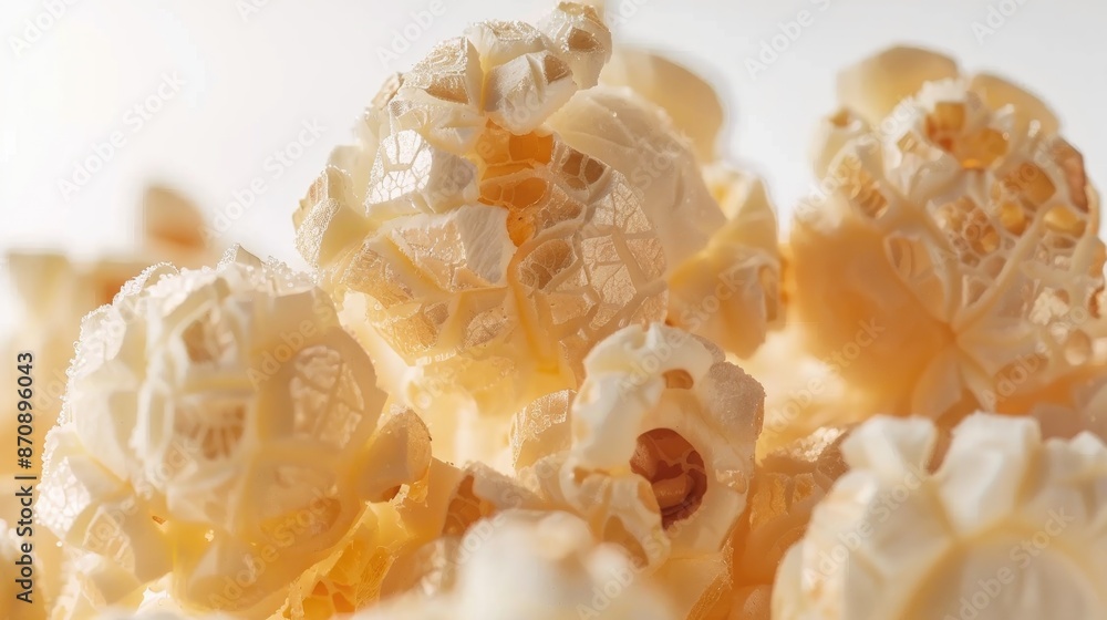 Macro closeup of salted popcorn on a white background
