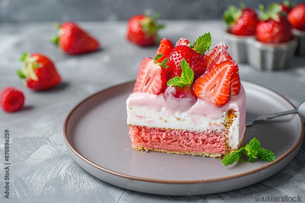 Photo of a slice of strawberry cake on a plate, decorated with fresh strawberries and cream cheese isolated on a gray concrete background. Photo of a slice of strawberry cake on a plate, decorated with fresh strawberries and cream cheese isolated on a gray concrete background.