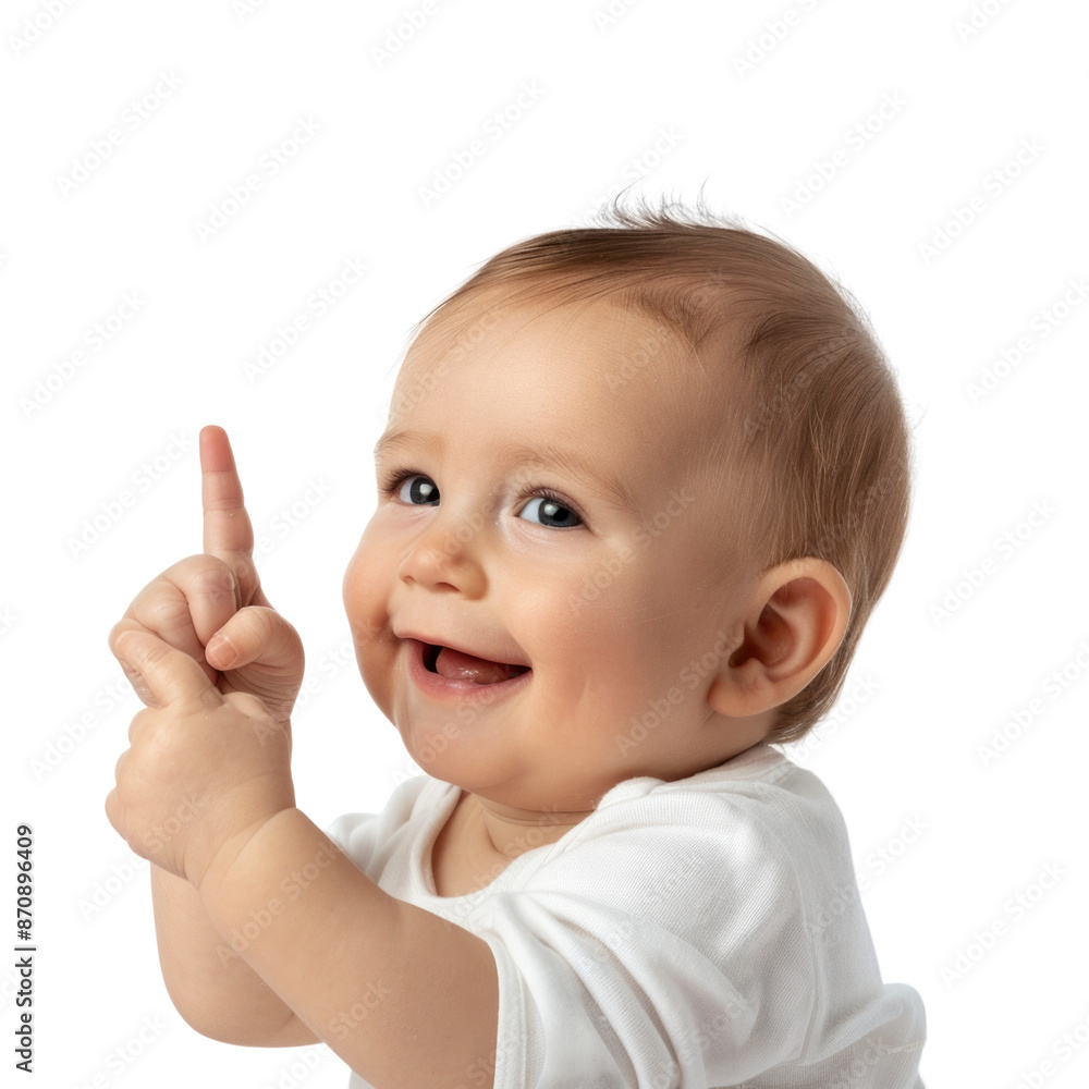 Lovey baby pointing to choose and press white background Lovey baby pointing to choose and press white background