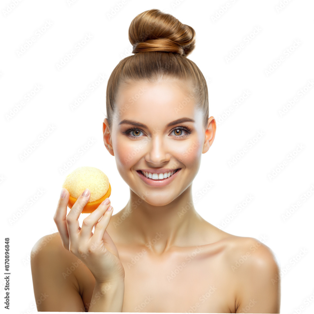 Young Woman With Bun Hairstyle Holding a Peach and Smiling Young Woman With Bun Hairstyle Holding a Peach and Smiling
