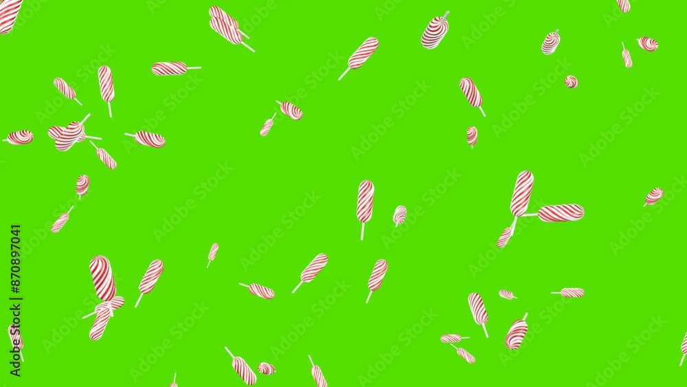 An explosion of classic candy canes on a green screen. Flying lollipops. Christmas candy canes. 3D animation. An explosion of classic candy canes on a green screen. Flying lollipops. Christmas candy canes. 3D animation.