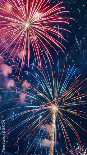 Bright fireworks in the night sky with vibrant colors.