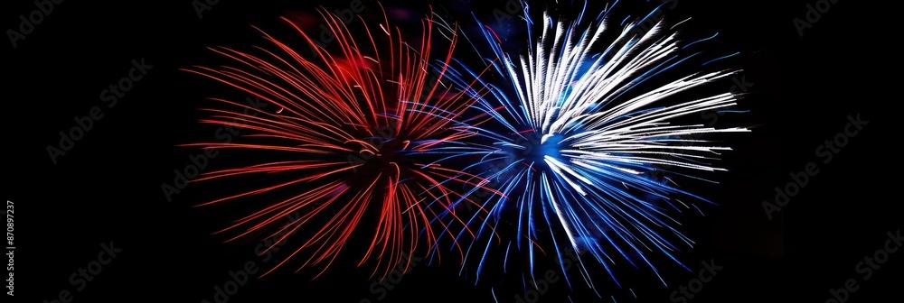 A dynamic display of red and white fireworks in air. A dynamic display of red and white fireworks in air.