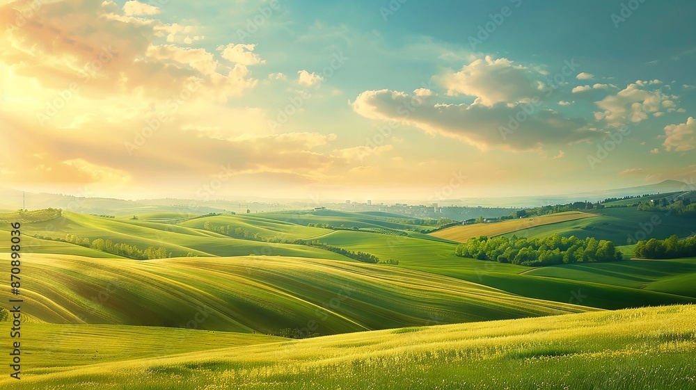 Obraz premium Breathtaking View of Rolling Hills under a Golden Sunset Sky with Soft Clouds
