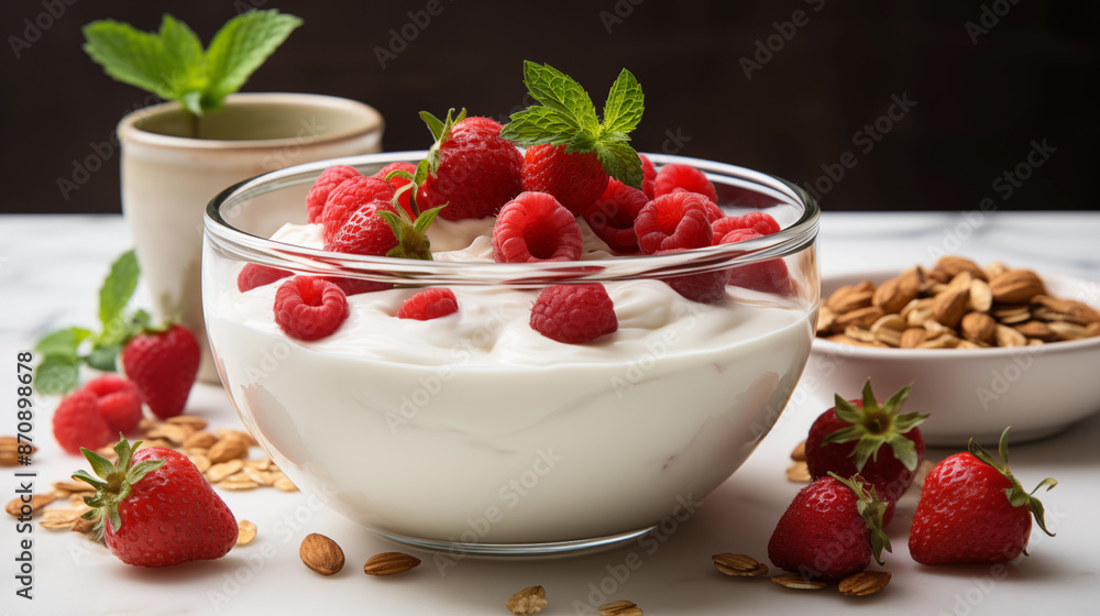 Yogurt in glass jar with granola and strawberries and raspberries on table close-up view