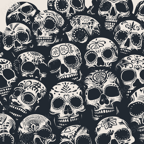 The sugar skulls. A black-and-white vector illustration of intricately decorated skulls, designed in an engraving style. 