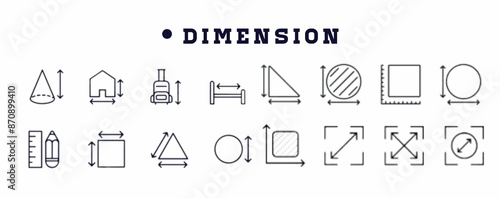 Dimension, area and perimeter measure concept editable stroke outline icons set
