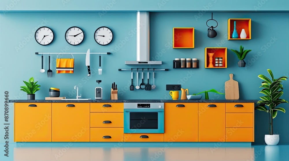 Modern kitchen with vibrant yellow cabinets, blue accents, and neatly arranged utensils Modern kitchen with vibrant yellow cabinets, blue accents, and neatly arranged utensils