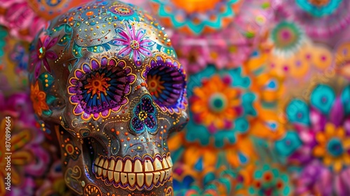 Vibrant Mexican Sugar Skull with Colorful Floral Design Background photo