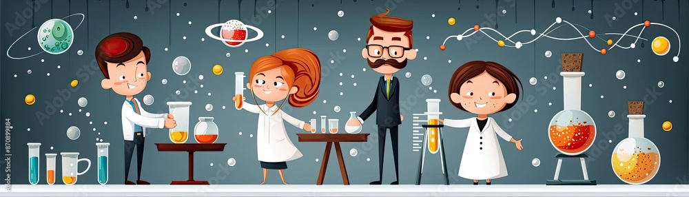 Scientists conducting experiments in a cosmic-themed laboratory, showcasing colorful test tubes and flasks Scientists conducting experiments in a cosmic-themed laboratory, showcasing colorful test tubes and flasks