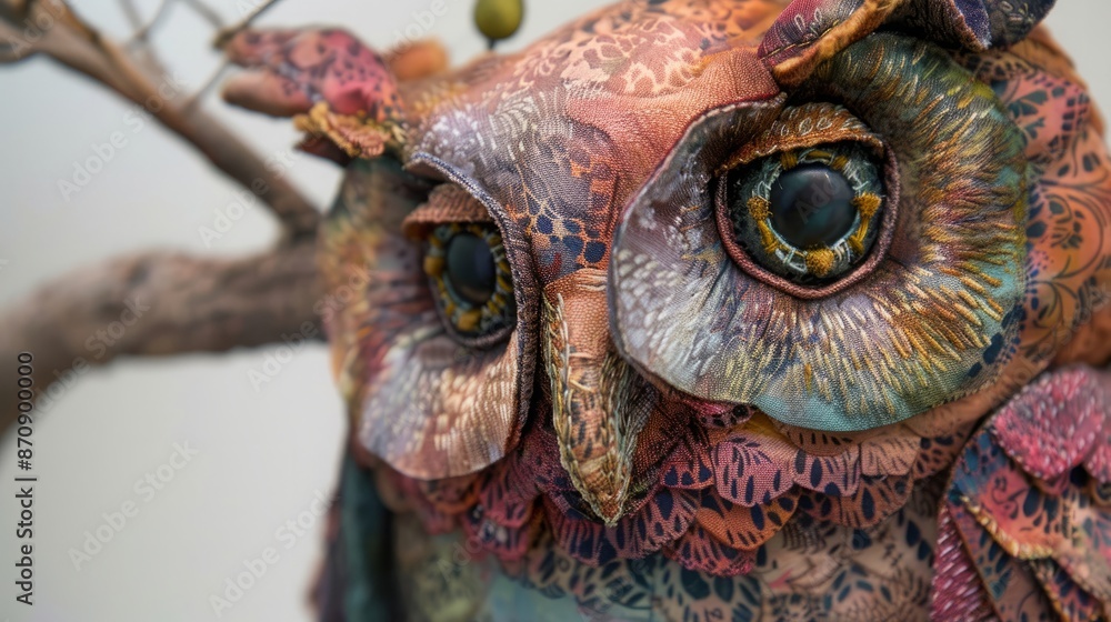 Naklejka premium Beautifully handmade owl textile art with precise detailing