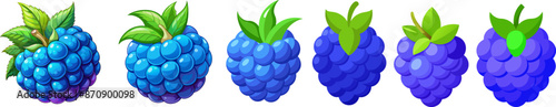 Six Blueberries With Green Leaves Isolated On Transparent Background
