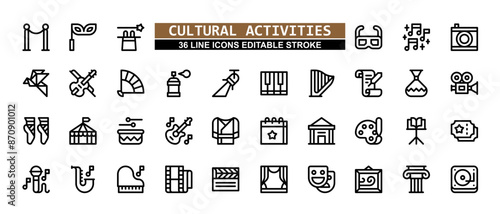 36 Cultural Activities Line Icons Set Pack Editable Stroke Vector Illustration.