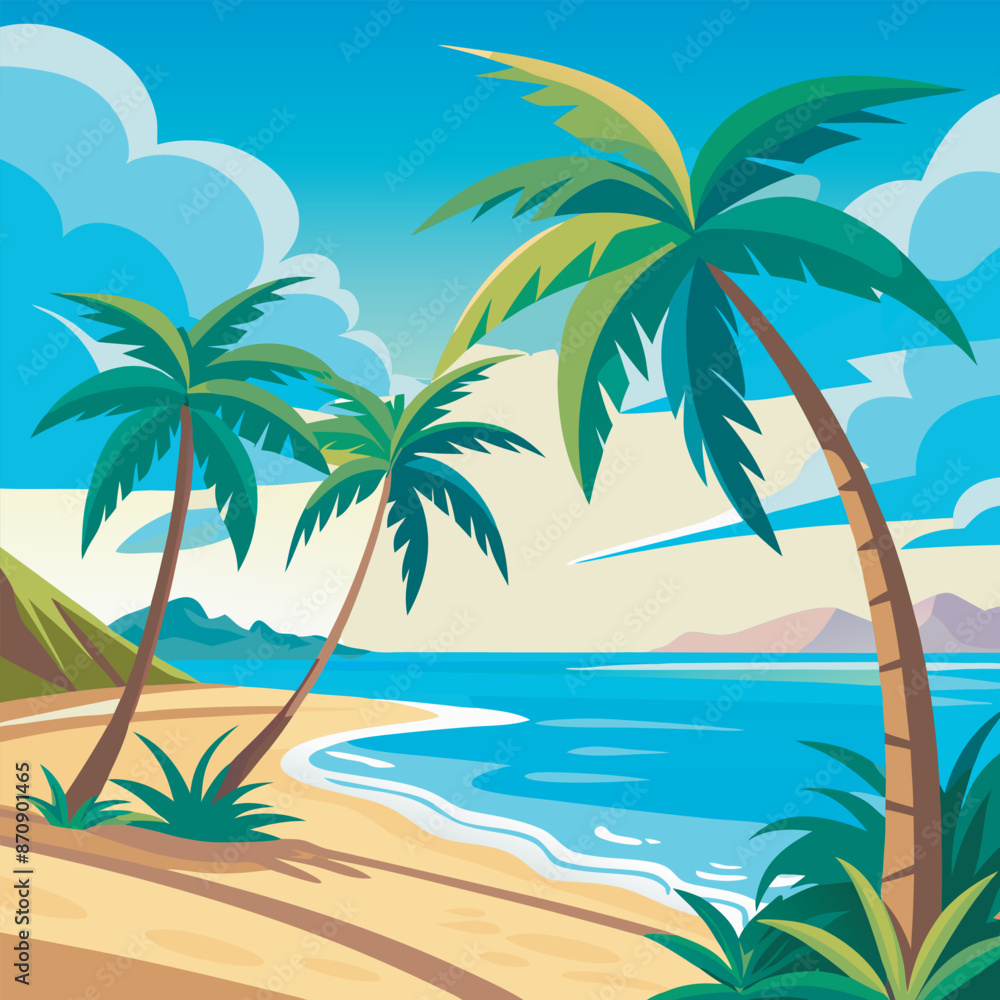 Obraz premium Summer tropical palms trees landscape with calm sea or ocean water, beach with sand