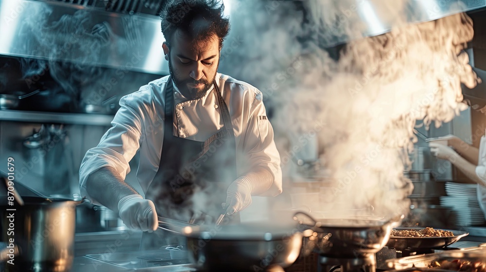 portrait of chef cooking in modern restaurant. chef making delicious food portrait of chef cooking in modern restaurant. chef making delicious food