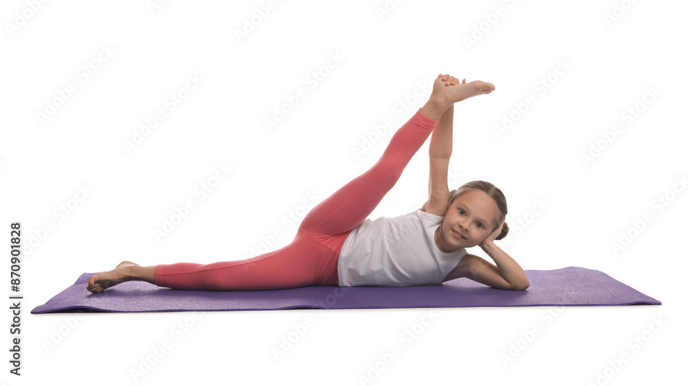 Cute little girl stretching on white background Cute little girl stretching on white background