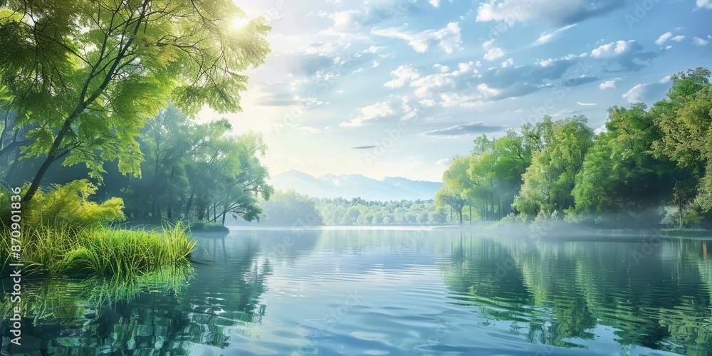 Serene Morning at the Tranquil Lake Amidst Lush Green Forest and Clear Blue Sky Serene Morning at the Tranquil Lake Amidst Lush Green Forest and Clear Blue Sky