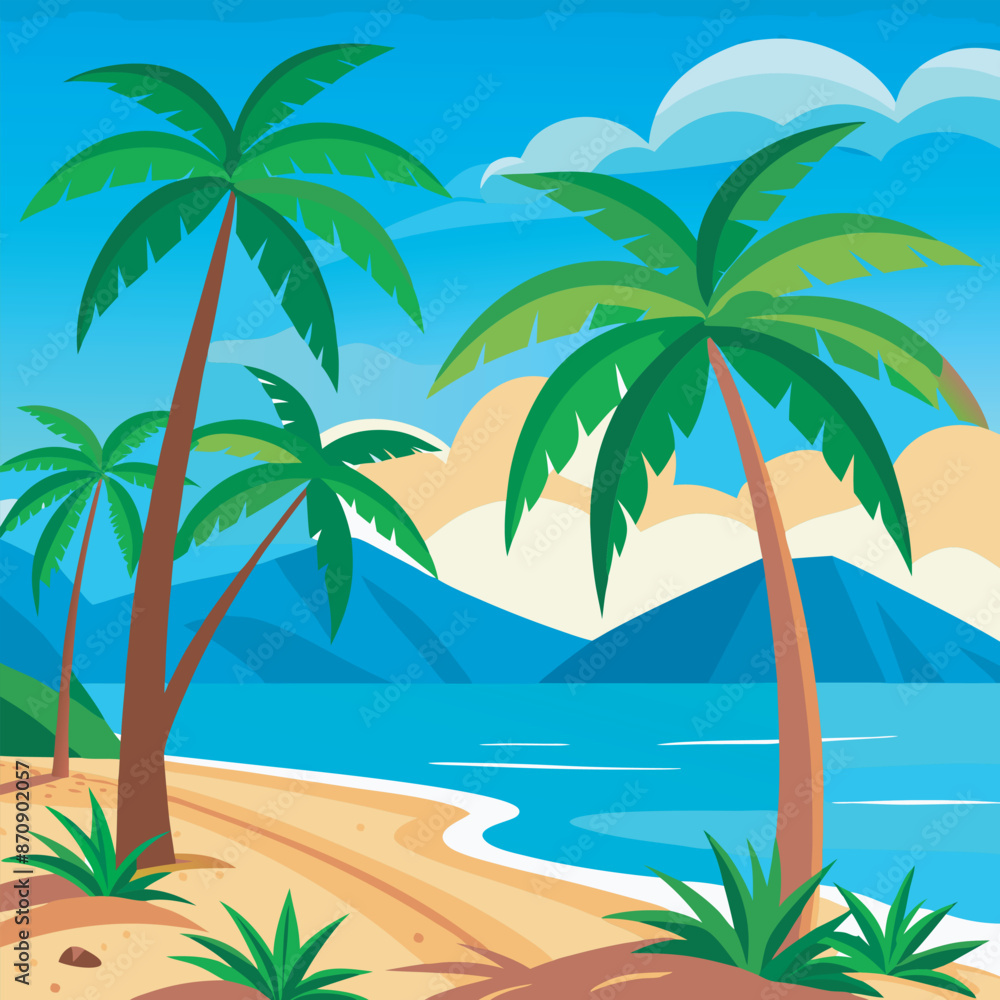 Summer tropical palms trees landscape with calm sea or ocean water, beach with sand Summer tropical palms trees landscape with calm sea or ocean water, beach with sand