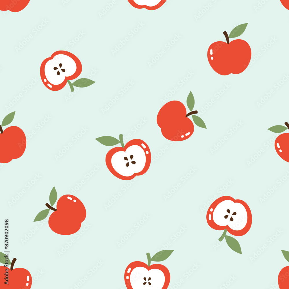 Seamless pattern of apple with green leaves on green background vector. Cute fruit print. Seamless pattern of apple with green leaves on green background vector. Cute fruit print.