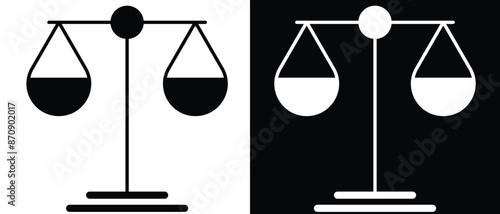 Scale icon vector. Scales of justice law flat design icon. Vintage scale in balance and equilibrium. Vector illustration. Two-tone version on black and white background.
