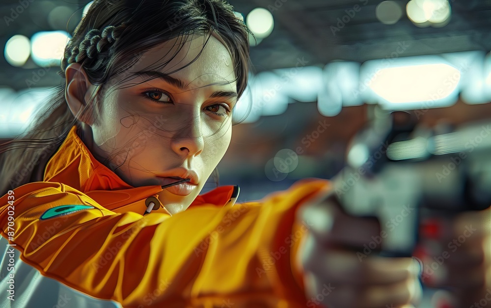 Focused young woman aiming a gun with determination, wearing an orange jacket in an indoor setting, showcasing action and precision. Focused young woman aiming a gun with determination, wearing an orange jacket in an indoor setting, showcasing action and precision.