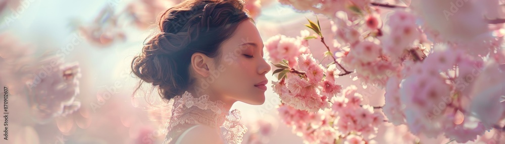 Serene woman enjoying the beauty of blooming pink cherry blossoms in a tranquil garden setting during springtime, embracing nature's charm. Serene woman enjoying the beauty of blooming pink cherry blossoms in a tranquil garden setting during springtime, embracing nature's charm.