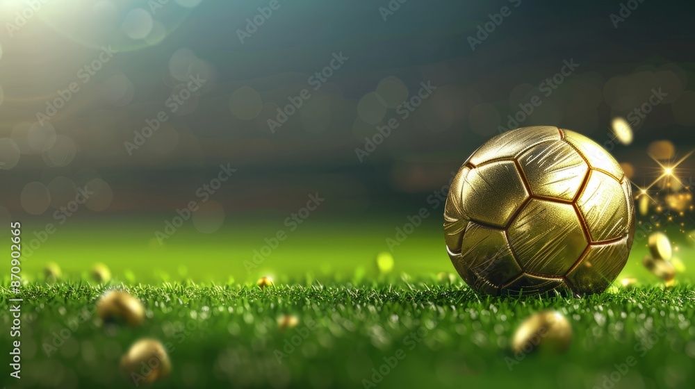 Fototapeta premium Banner with golden soccer ball on with con stack in soccer stadium
