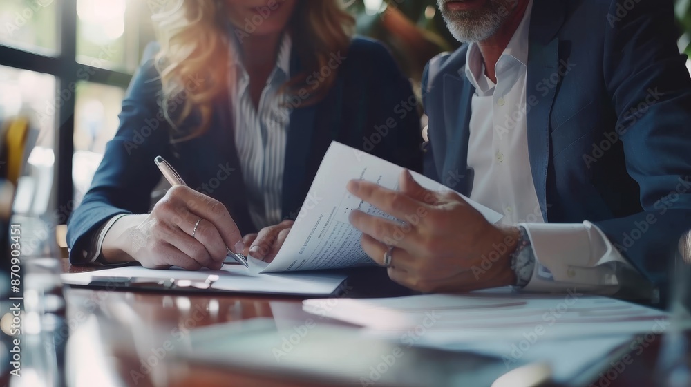 Business professionals discussing and signing documents at a meeting table in an office setting. Business professionals discussing and signing documents at a meeting table in an office setting.