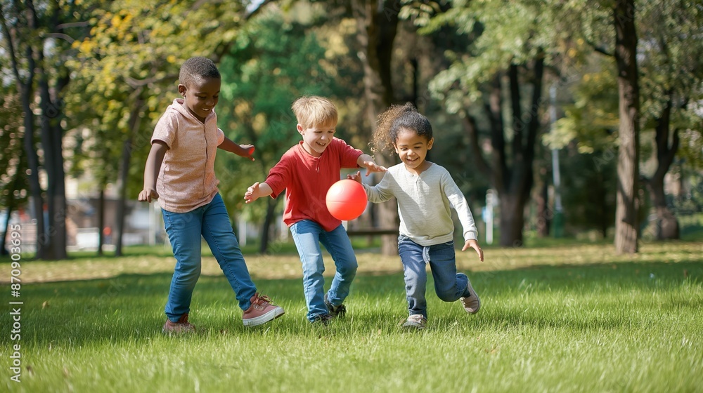 Fototapeta premium Happy children playing with a ball in a park